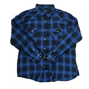 Pashartuk Mens Size 2XL Plaid Flannel Shirt Blue Black Pearl Snap Button Up
